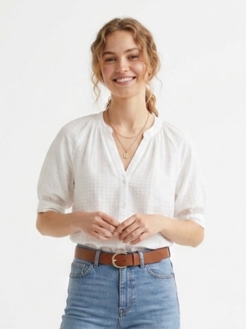H&M Textured Puff Sleeve Blouse White XS Lightweight Boho Chic Summer Classic